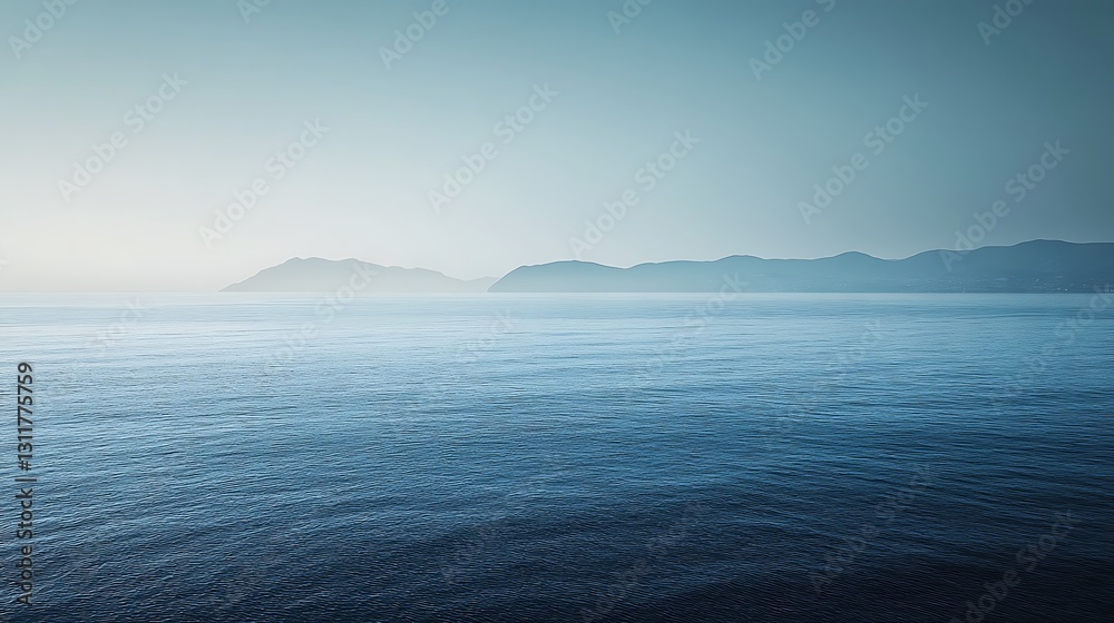 Serene ocean view with hazy mountains in the distance on a calm day. Serene ocean view with hazy mountains in the distance on a calm day.