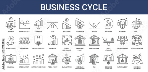 Business Cycle icon pack with recession, inflation, and depression icon 