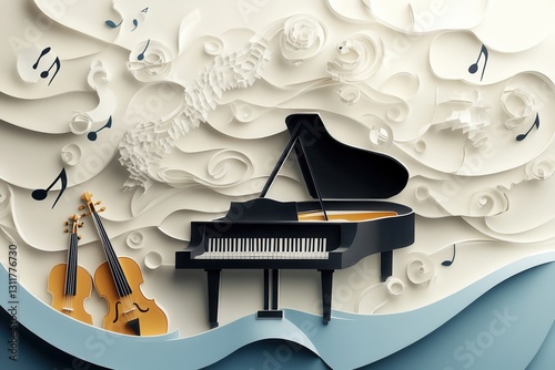 Musical notes flow elegantly around a grand piano and violins in a vibrant paper craft design