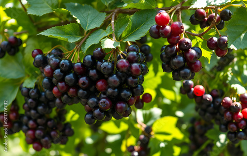 Blackcurrant clusters with vibrant purple berries are hanging ripe on the bush. Suitable for food and beverage products or health-related content