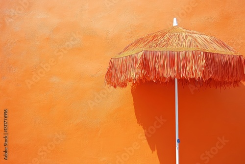 A vibrant orange beach umbrella against a matching wall