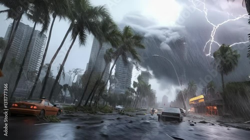 Super typhoon strikes coastal city, toppling skyscrapers and flooding streets amid lightning and torrential rain. Concept natural disaster, extreme weather, climate change and catastrophe.