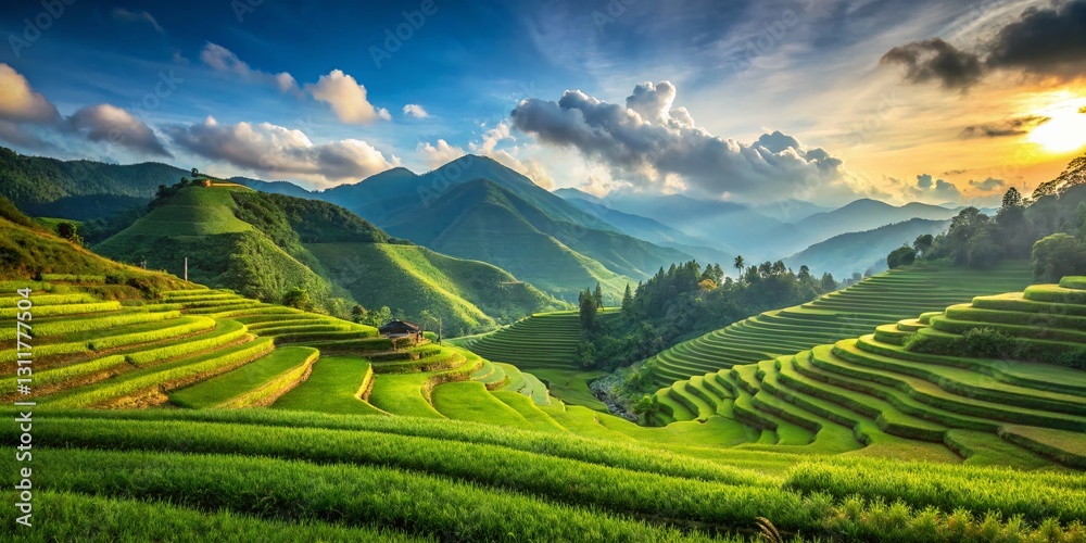 Fototapeta premium Vintage Photo: Serene Green Rice Terraces, Majestic Mountains, Blue Sky - Peaceful Nature Scene
