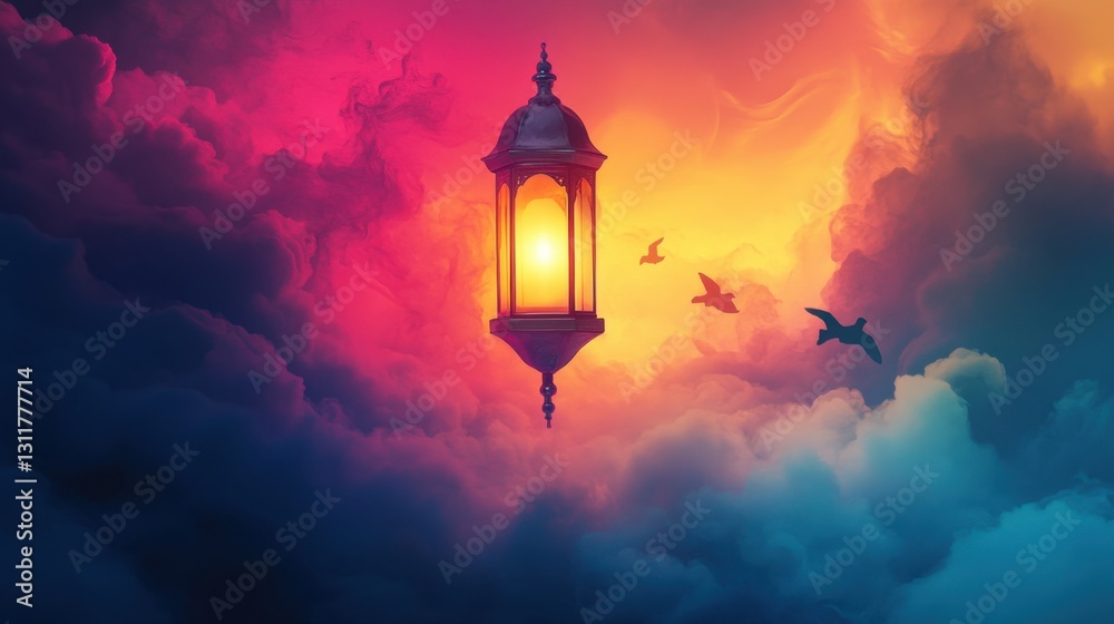 A Mystical Lantern Bathed in Vibrant Clouds and Sunset Hues Illuminating the Sky A Mystical Lantern Bathed in Vibrant Clouds and Sunset Hues Illuminating the Sky