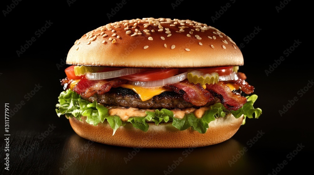 Tasty Bacon Burger with Grilled Onions and Lettuce Tasty Bacon Burger with Grilled Onions and Lettuce
