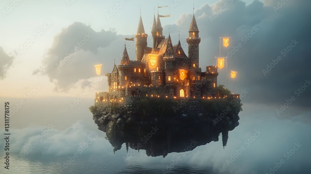 Obraz premium Enchanted Floating Castle Surrounded by Ethereal Clouds at Sunset