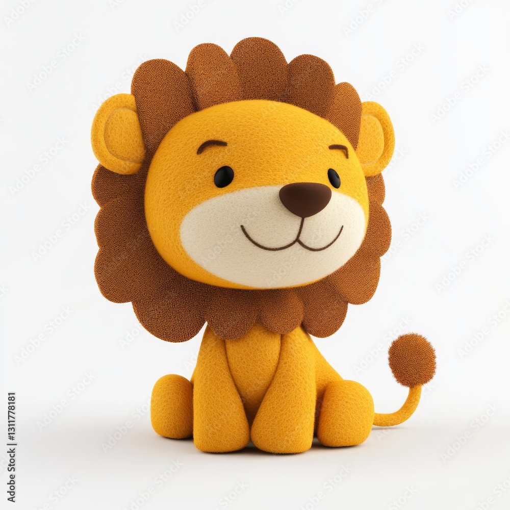 Fototapeta premium A cute wool felt toy of a lion on a white background, cute little lion in felt