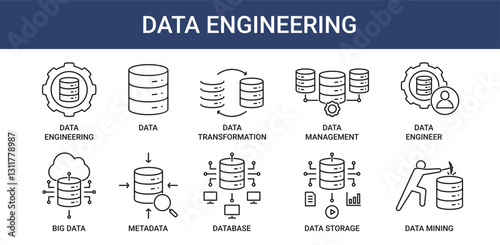 Data Engineering icon pack with data management, meta data and big data icon