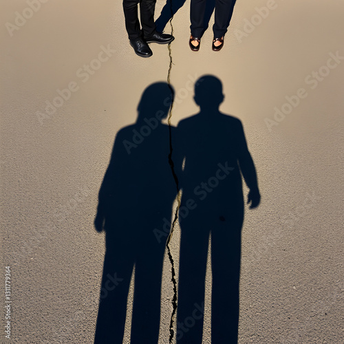 A couple s shadows separated on the pavement by a crack, distance, fractured relationship