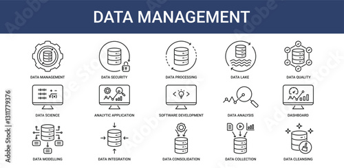 Data Management icon pack with data security, data lake and data analysis icon