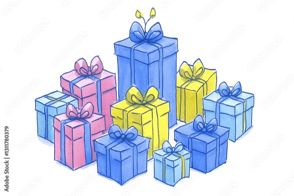 Fototapeta premium Cartoon gifts, piled up with festive bows, white background