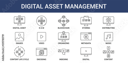 Digital Asset Management icon pack with blockchain, content and digital asset icon