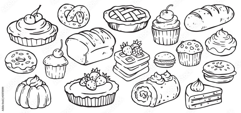 set of pastries, desserts and cakes. Vector illustration in doodle style