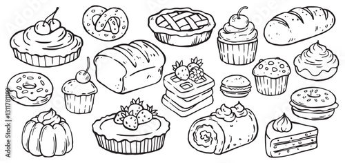 set of pastries, desserts and cakes. Vector illustration in doodle style