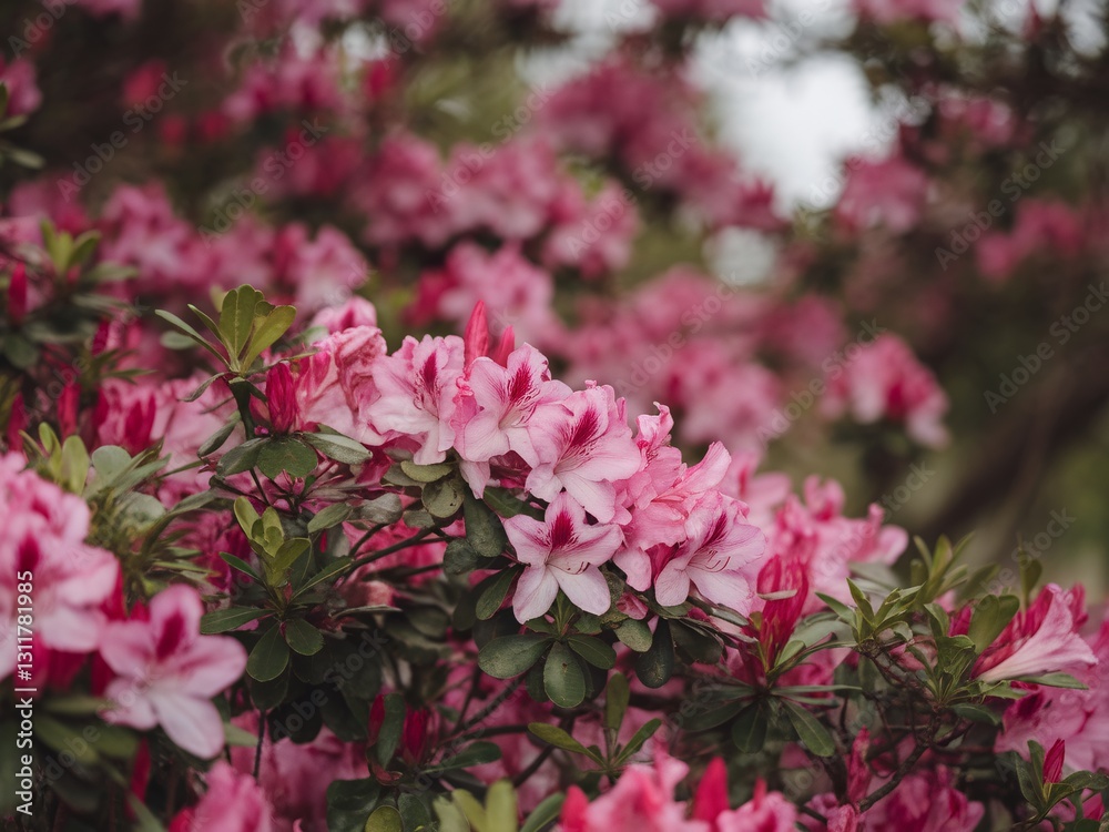 Delicate pink azalea flowers blooming vibrantly in the lush greenery of spring. Delicate pink azalea flowers blooming vibrantly in the lush greenery of spring.