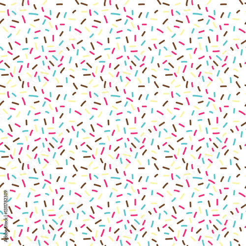 Seamless pattern with donuts with pink glaze and colored sprinkles on a white background. Vector