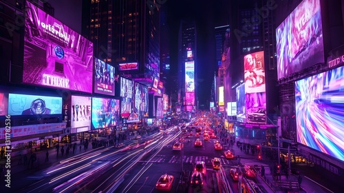 Vibrant Nightlife in Busy Times Square with Colorful Billboards