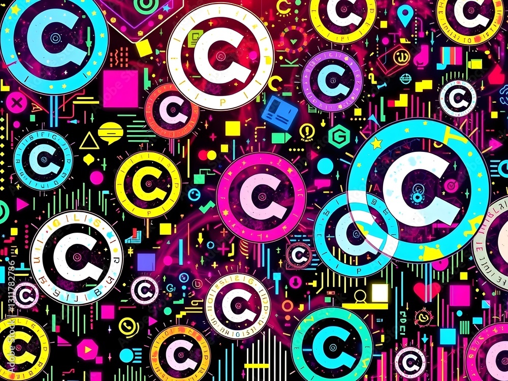 Fototapeta premium A Vibrant Digital Art Design Illustrating the Concept of Copyright in Colorful Elements