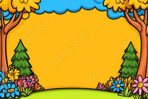 Cartoon forest frame with flowers, trees, and sky above grassy hills on yellow background