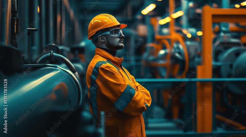 A worker in an orange safety suit and helmet stands confidently with arms crossed, surrounded by industrial machinery and pipes A worker in an orange safety suit and helmet stands confidently with arms crossed, surrounded by industrial machinery and pipes