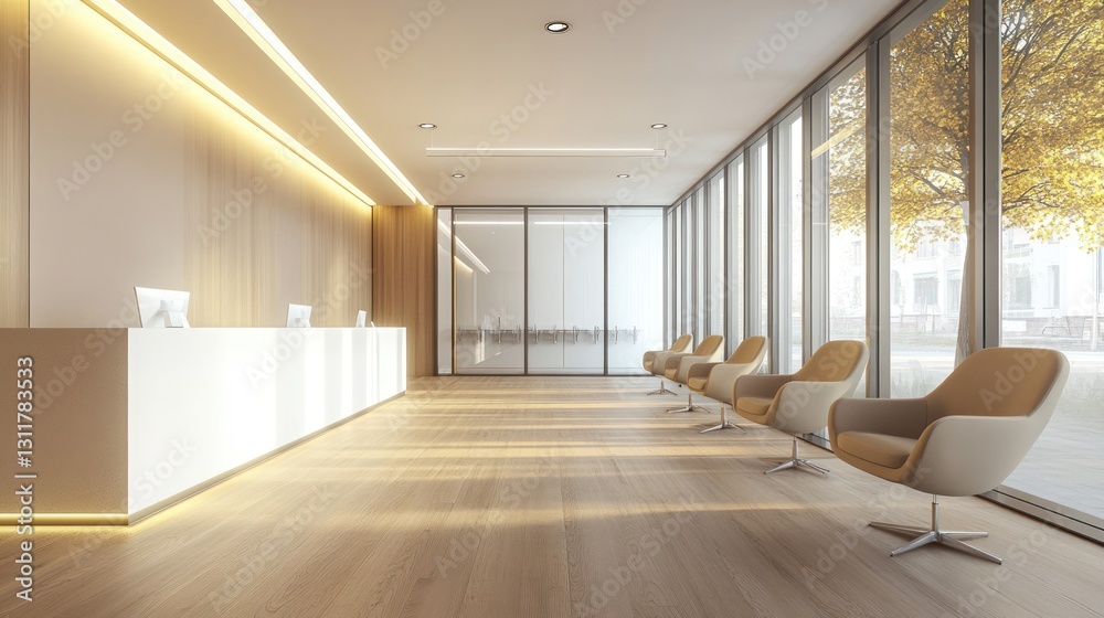 Modern Lobby Interior with Reception Desk and Seating Area Modern Lobby Interior with Reception Desk and Seating Area