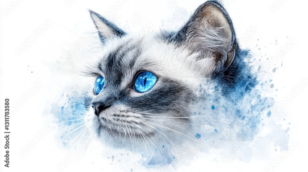 Fototapeta premium Charming watercolor cat with dreamy blue eyes, white background