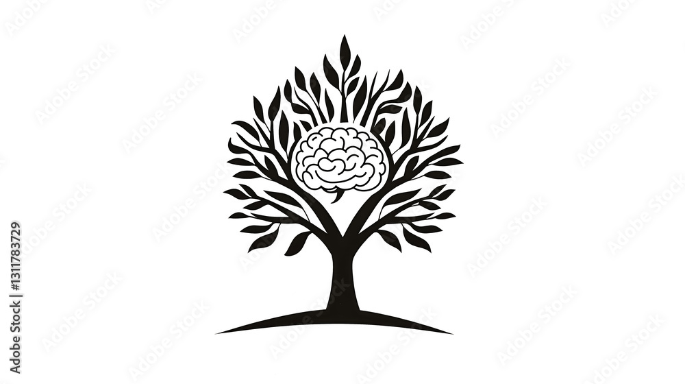 Obraz premium A black and white illustration of a tree with a brain in the middle
