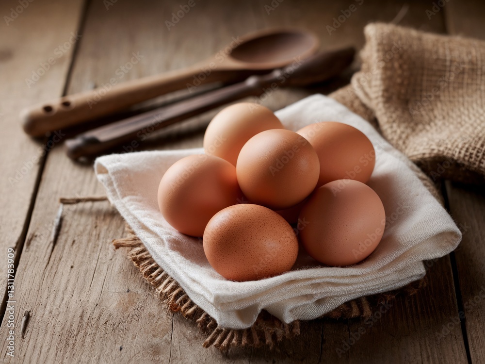 Six brown eggs arranged in a rustic basket on a wooden table, evoking a warm, natural feel. Six brown eggs arranged in a rustic basket on a wooden table, evoking a warm, natural feel.