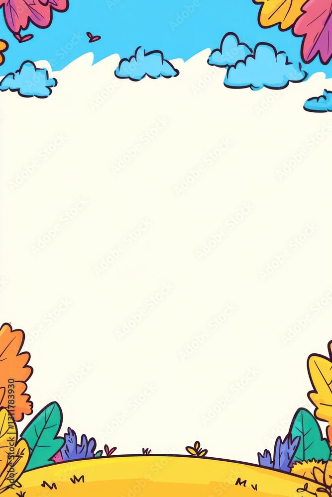 Fototapeta premium Cartoon frame. Field edge beneath bright sky with clouds, surrounding empty space for text/image