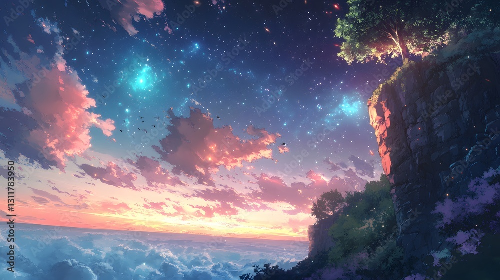 Naklejka premium Dreamy Night Sky Over a Cliff with Colorful Clouds and Stars