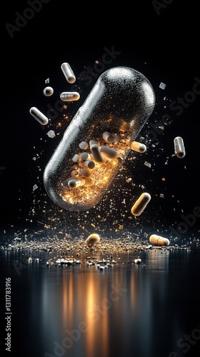 A glowing capsule bursts open, releasing smaller pills and golden sparks against a dark background, symbolizing medicine's transformative power