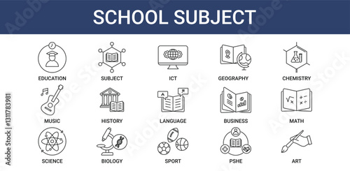 School Subject icon pack with education, business, science and music icon