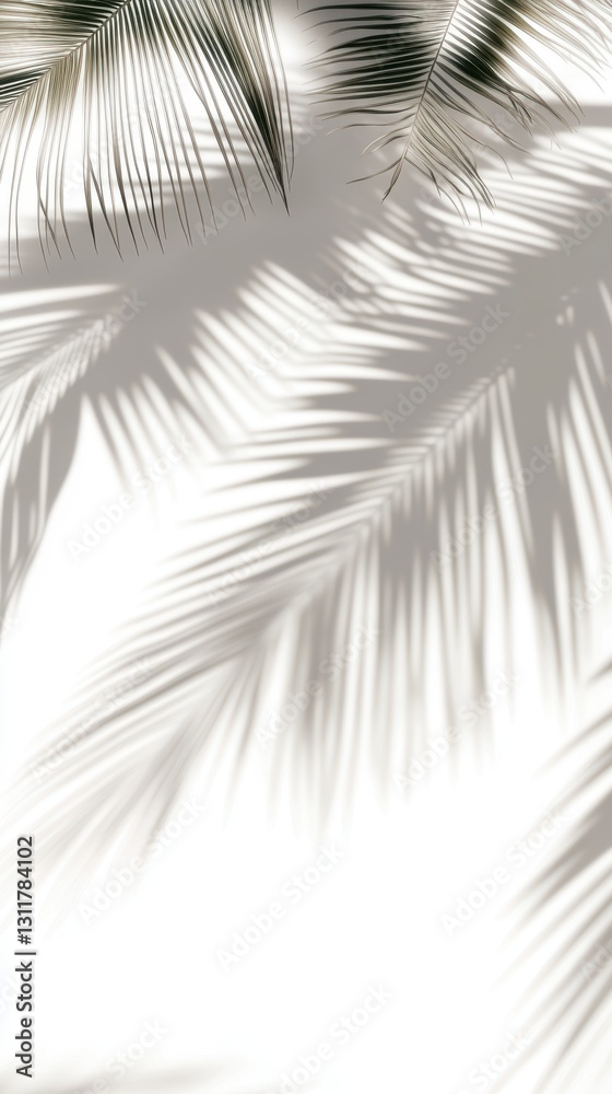 Fototapeta premium Palm leaves cast intricate shadows on a white wall, creating a serene and tropical atmosphere with soft light and natural patterns