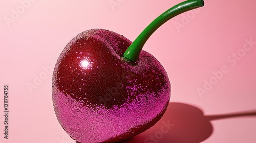 A glittering, oversized cherry with a vibrant green stem shines brightly against a soft pink background, casting a bold shadow