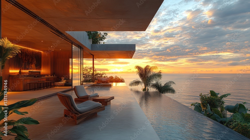 Fototapeta premium Contemporary wooden armchair in a tropical floating home, wide-open glass windows capturing the sunset over the sea