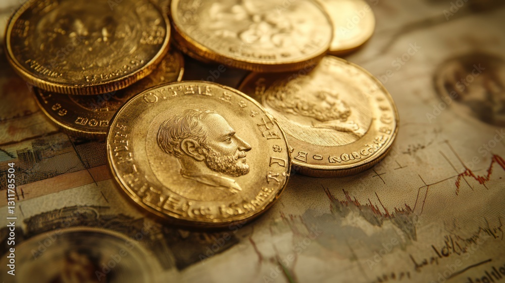 Gold coins on financial chart background Gold coins on financial chart background