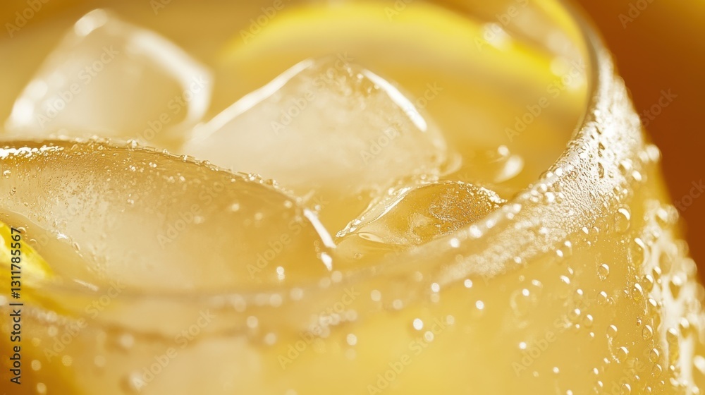 A refreshing lemonade with ice cubes and a slice of lemon, capturing the essence of summer in a close-up shot