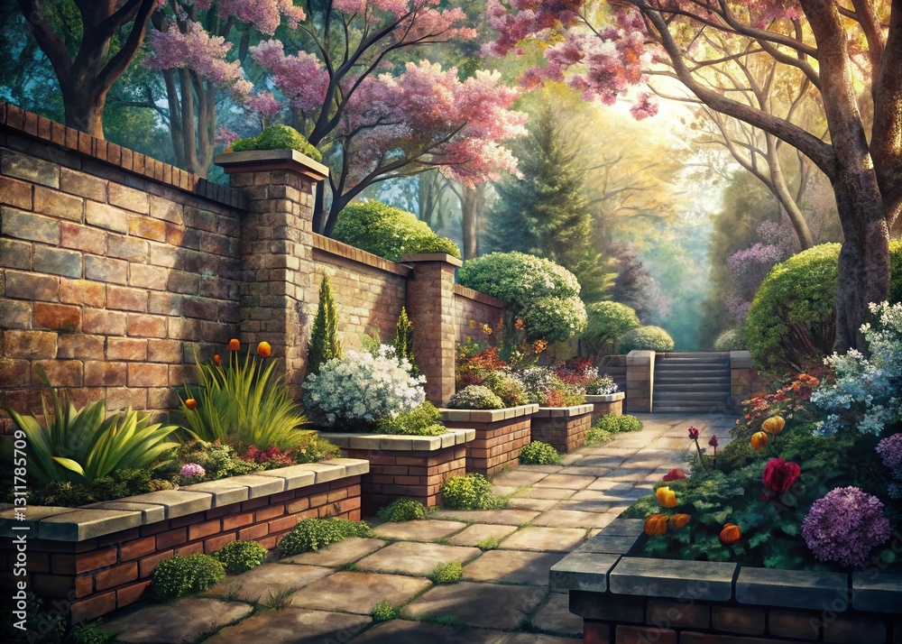 Obraz premium Vintage Spring Garden: Charcoal Brick Pattern Digital Art