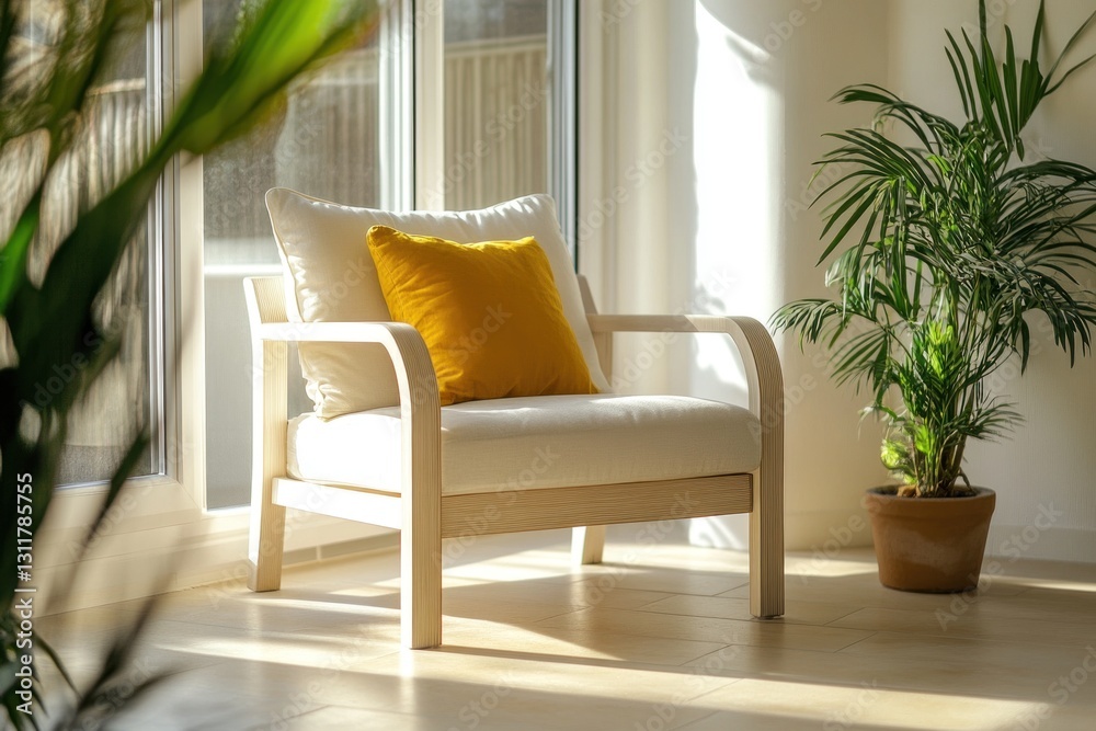 Fototapeta premium Sunlit armchair with yellow cushion, plants.