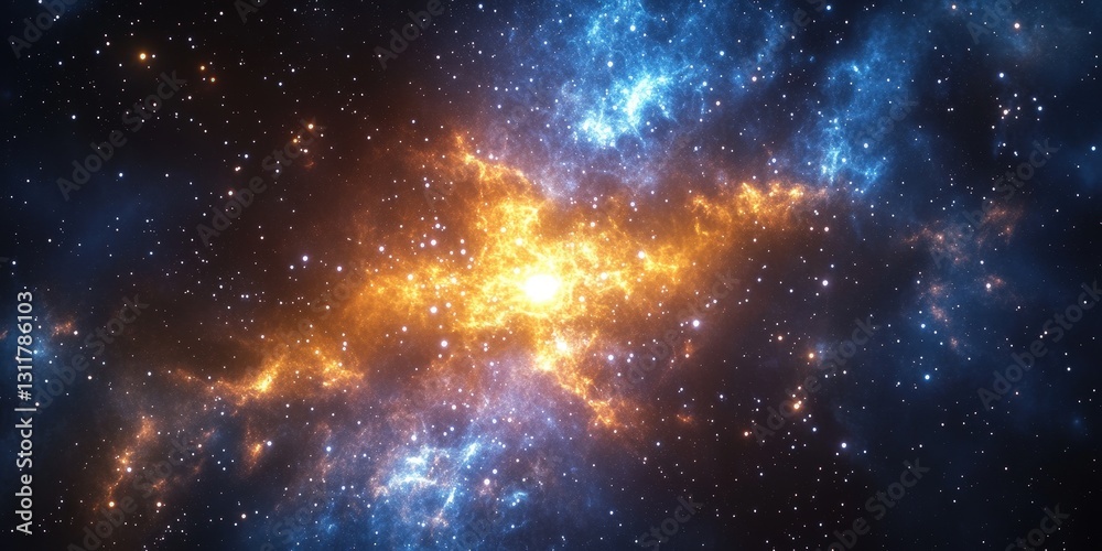 Obraz premium A mesmerizing close-up of a star-studded galaxy, radiating vibrant yellow and orange hues from its luminous core, capturing the cosmos in intricate detail