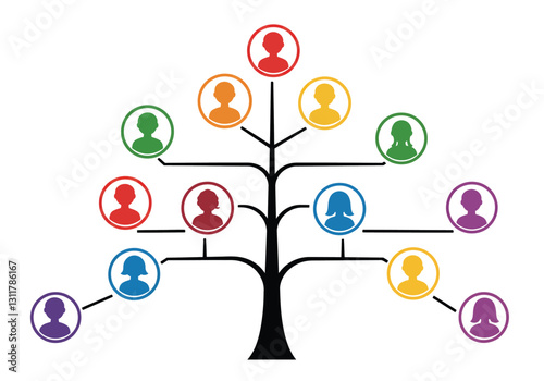 Ancestors clipart. This image shows a family tree with colorful silhouettes representing different family members. Vector illustration design.