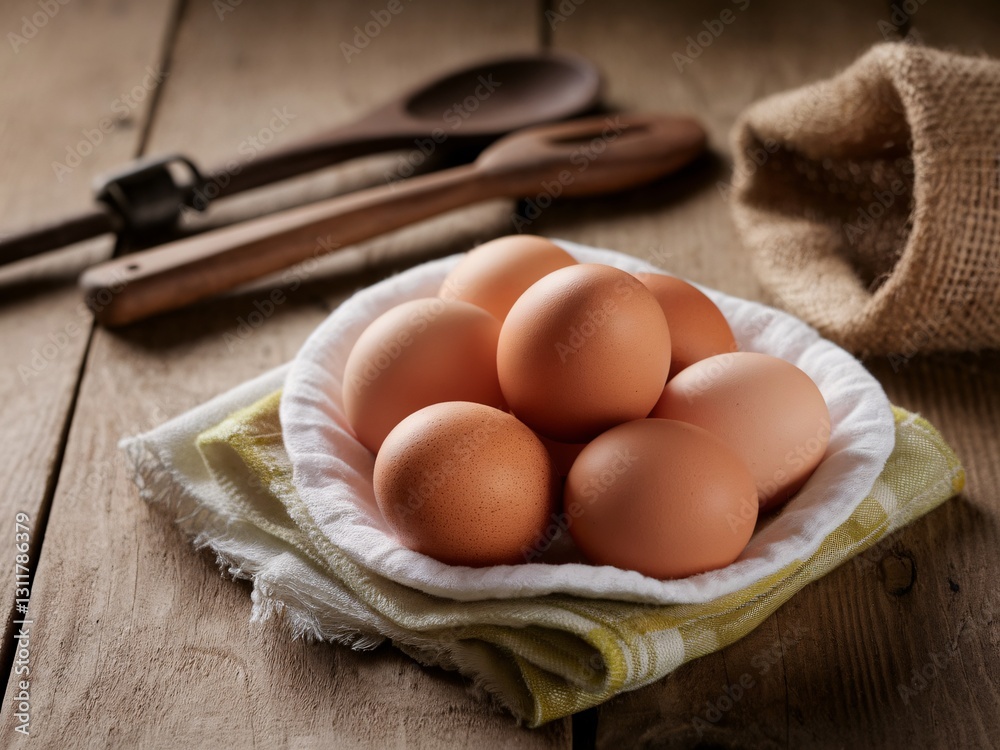 A rustic arrangement of fresh brown eggs in a bowl, surrounded by wooden utensils on a textured wooden table. A rustic arrangement of fresh brown eggs in a bowl, surrounded by wooden utensils on a textured wooden table.