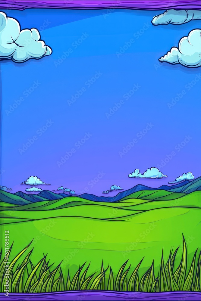 Obraz premium Cartoon landscape Rolling green hills, blue sky, white clouds, mountain backdrop. Vibrant colors
