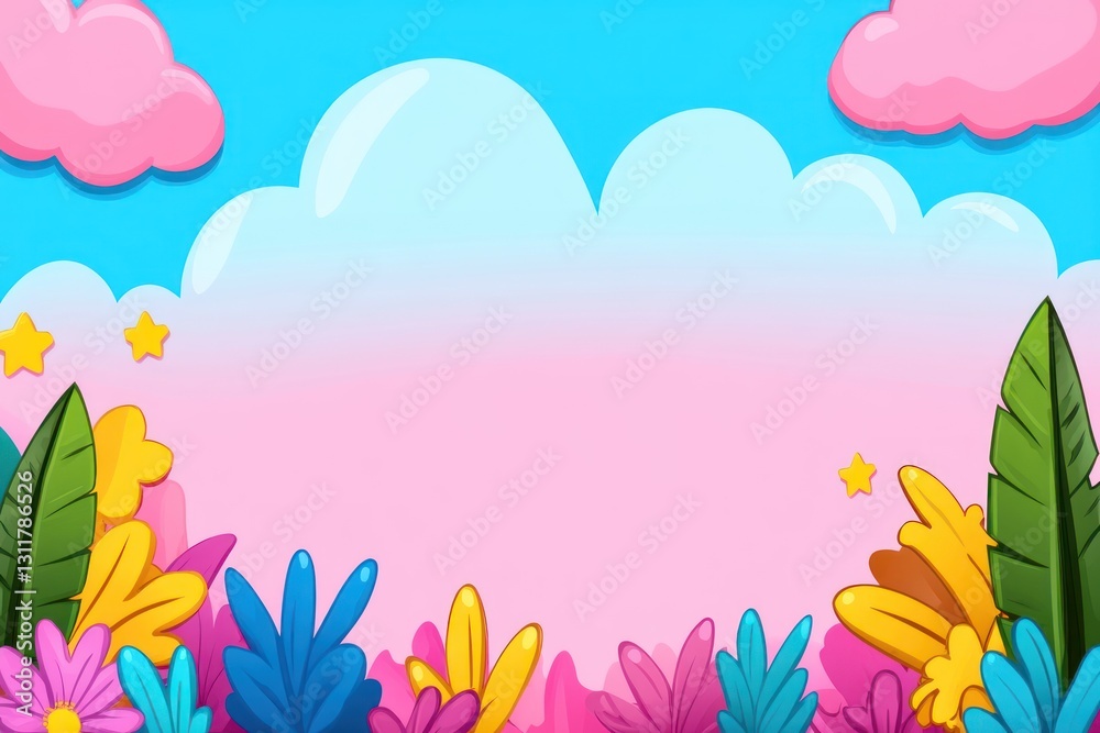 Cartoon landscape Plants frame a pink sky, fluffy clouds, & gold stars in the background Cartoon landscape Plants frame a pink sky, fluffy clouds, & gold stars in the background