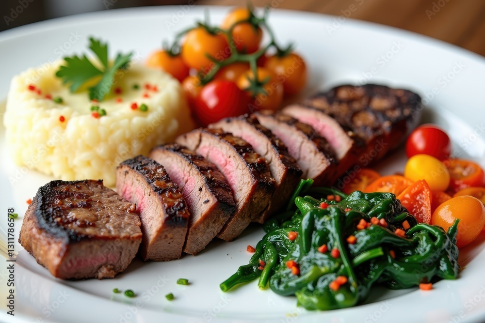 Deliciously plated meal with steak and vegetables Deliciously plated meal with steak and vegetables