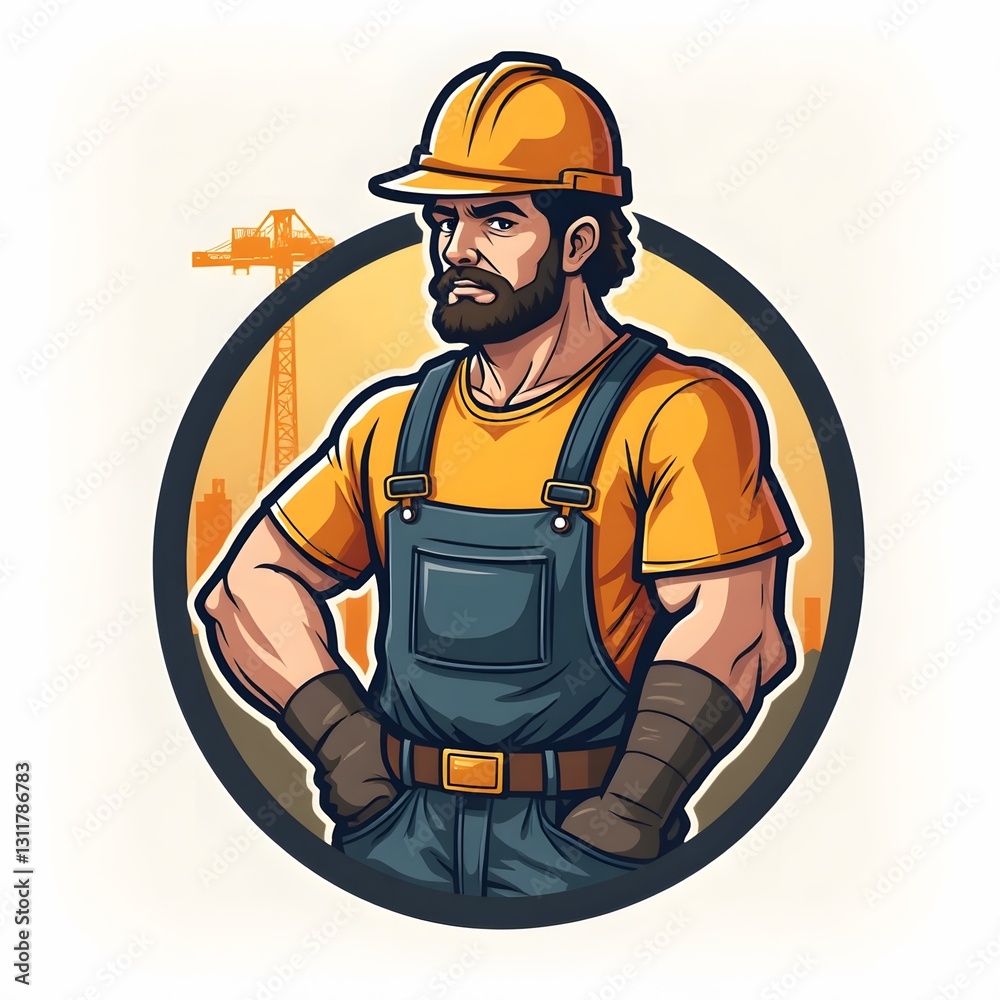 Fototapeta premium Confident Construction Worker with Beard Posing Against Orange Sunset