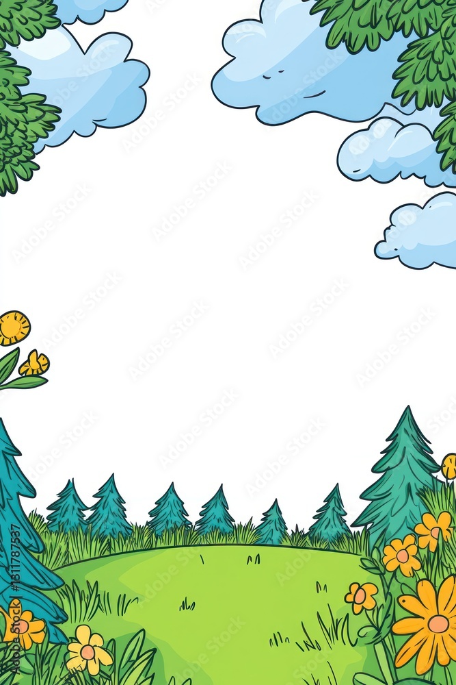 Obraz premium Cartoon meadow scene with flowers, trees, grass, and clouds framing a bright white copy space