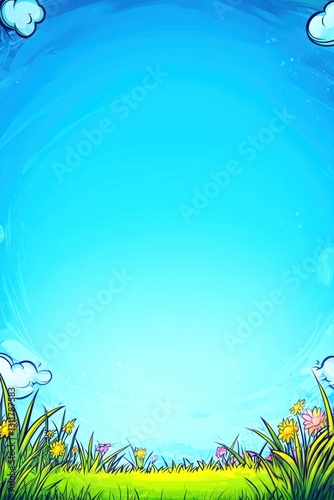 Cartoon meadow view, bright flowers, grass in sunny clear sky background, cute clouds above