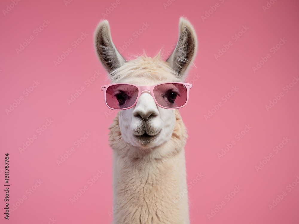 Obraz premium A stylish llama with pink sunglasses against a vibrant pink background.
