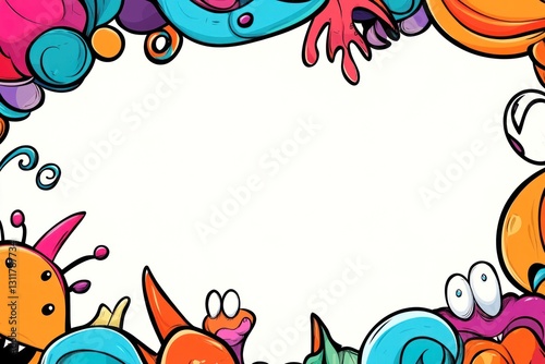 Cartoon Monsters Border Colorful creatures surround white space, ideal for text overlay on bright patterned background